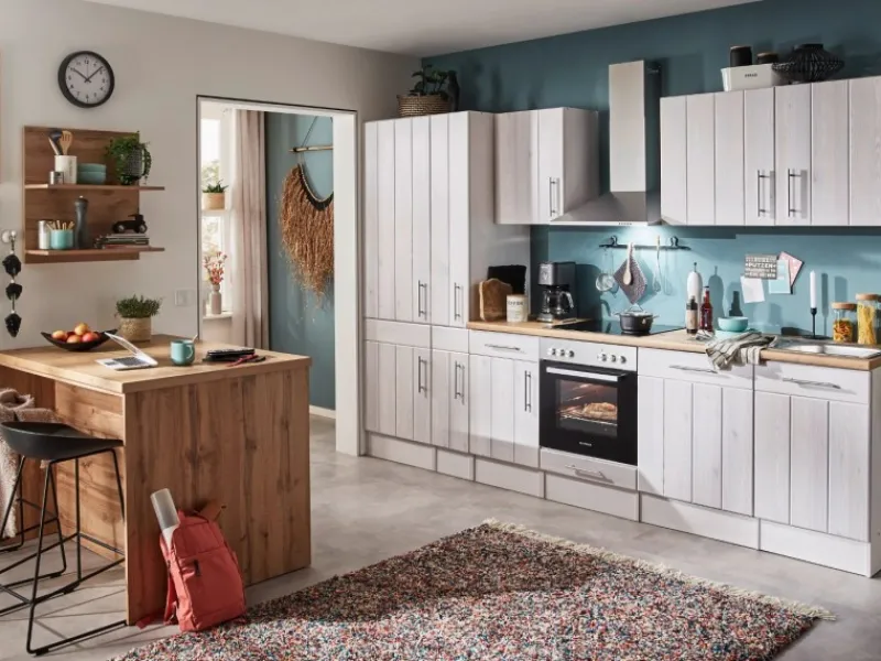 Clearance Landhaus Küchenzeile Anton 310 cm mit Kücheninsel Lärche Weiß Kücheninseln|Kühlschränke
