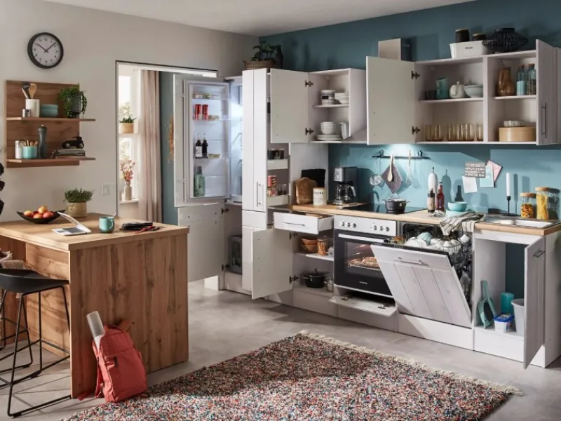 Clearance Landhaus Küchenzeile Anton 310 cm mit Kücheninsel Lärche Weiß Kücheninseln|Kühlschränke