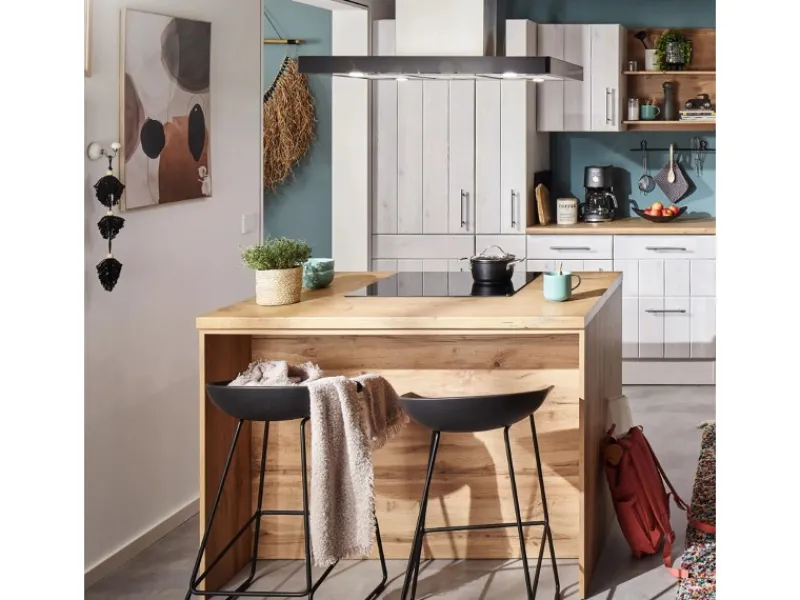 Discount Landhaus Winkelküche/ Inselküche Anton 310 x 172 cm Lärche Weiß Inselhauben|Winkelküchen