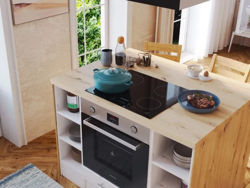 Discount Landhaus Winkelküche/ Inselküche Anton 310 x 172 cm Lärche Weiß Inselhauben|Winkelküchen