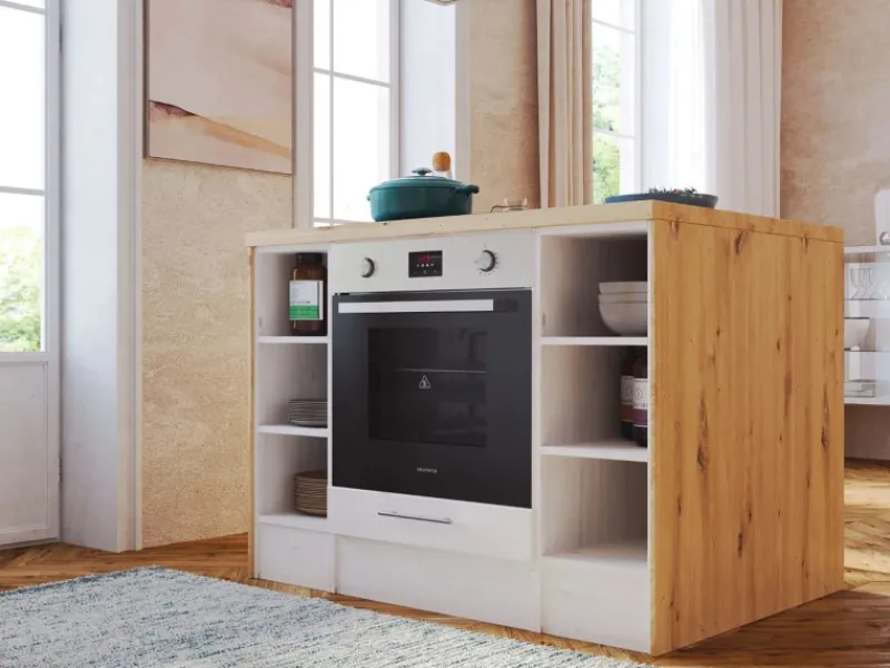 Discount Landhaus Winkelküche/ Inselküche Anton 310 x 172 cm Lärche Weiß Inselhauben|Winkelküchen
