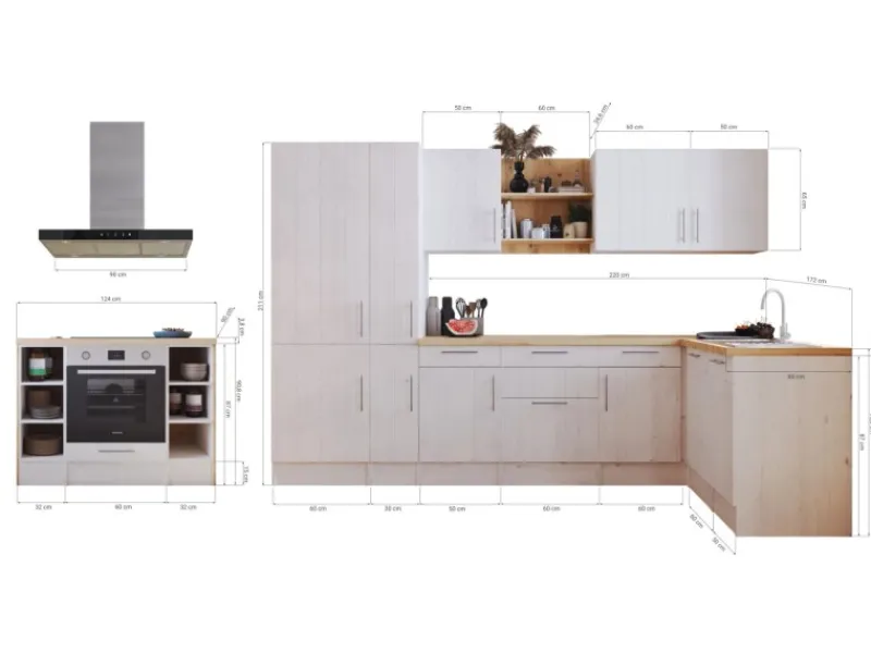 Discount Landhaus Winkelküche/ Inselküche Anton 310 x 172 cm Lärche Weiß Inselhauben|Winkelküchen