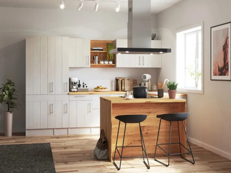 Discount Landhaus Winkelküche/ Inselküche Anton 310 x 172 cm Lärche Weiß Inselhauben|Winkelküchen