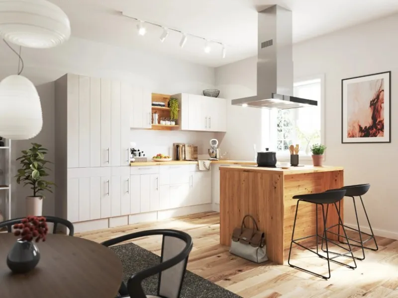 Discount Landhaus Winkelküche/ Inselküche Anton 310 x 172 cm Lärche Weiß Inselhauben|Winkelküchen