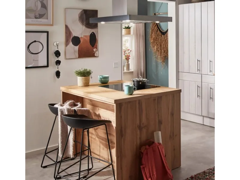 Discount Landhaus Winkelküche/ Inselküche Anton 310 x 172 cm Lärche Weiß Inselhauben|Winkelküchen