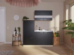 Best Respekta Miniküche KB160ESS 160 cm -Eiche Sonoma Sägerau Nachbildung Schwarz
