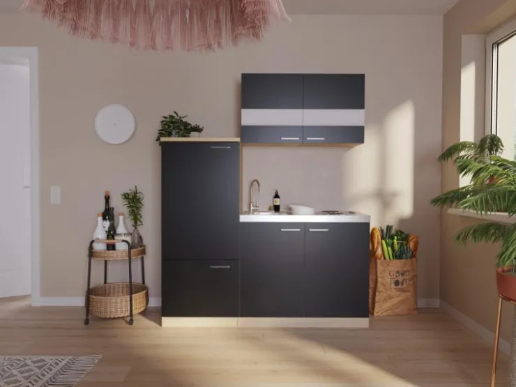 Best Respekta Miniküche KB160ESS 160 cm -Eiche Sonoma Sägerau Nachbildung Schwarz