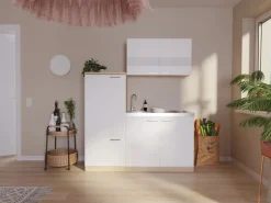 Respekta Single-Küchen|Pantryküchen<Miniküche KB160ESW 160 cm -Eiche Sonoma Sägerau Nachbildung Weiß