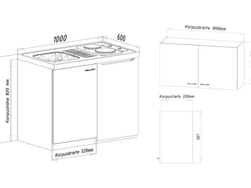Hot Miniküche MK100ESSOS 100 cm -Eiche Sägerau Nachbildung Pantryküchen|Miniküchen