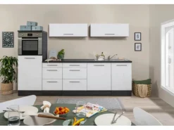Outlet Inselküche 280 cm Weiß Hochglanz-Eiche Grau Inselhauben|Kücheninseln