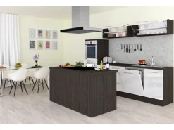 Outlet Inselküche 280 cm Weiß Hochglanz-Eiche Grau Inselhauben|Kücheninseln