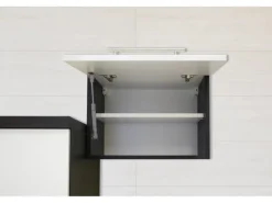 Outlet Inselküche 280 cm Weiß Hochglanz-Eiche Grau Inselhauben|Kücheninseln