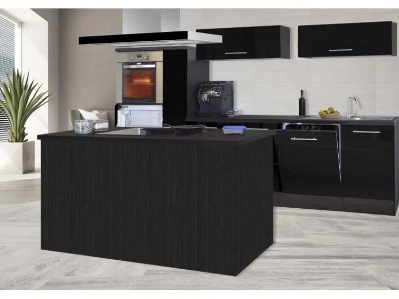 Discount Inselküche 310 cm -Eiche Grau Inselhauben|Kochfelder