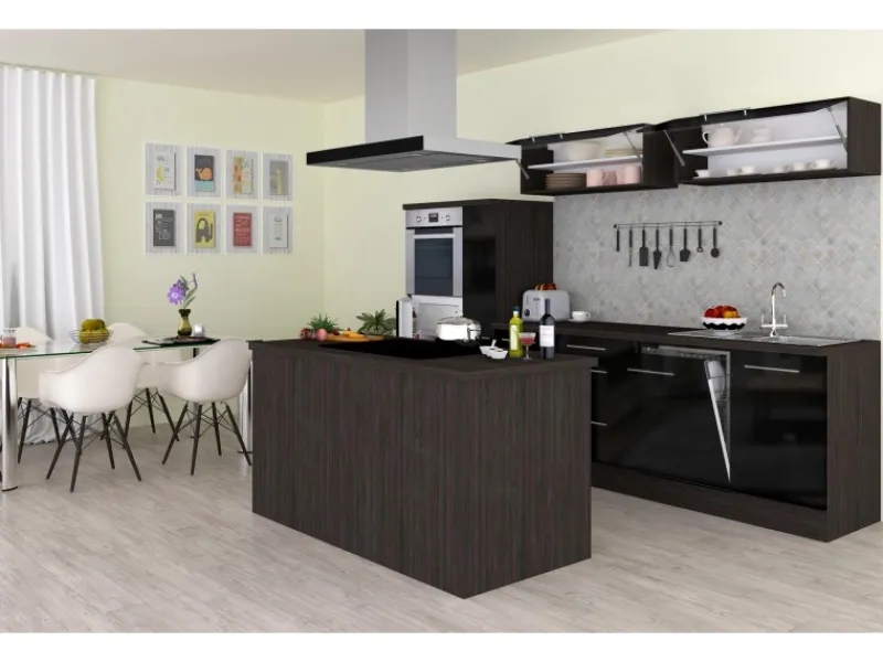 Discount Inselküche 310 cm -Eiche Grau Inselhauben|Kochfelder