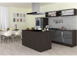 New Respekta Premium Inselküche 310 cm -Eiche Grau Grau Hochglanz