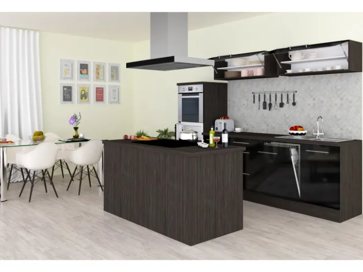Respekta Premium Inselhauben|Kücheninseln<Inselküche 280 cm -Eiche Grau Schwarz Hochglanz