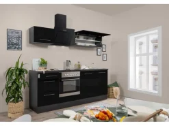 Respekta Premium Einbauküchen<Küchenzeile 210 cm -Eiche Grau Schwarz Hochglanz