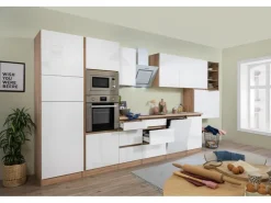 Online Respekta Premium Küchenzeile Grifflos 445 cm Weiß Hochglanz-Eiche Sägerau Hochglanz Weiß