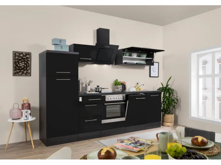 Respekta Premium Kühlschränke|Einbauküchen<Küchenzeile 280 cm -Eiche Grau Schwarz Hochglanz
