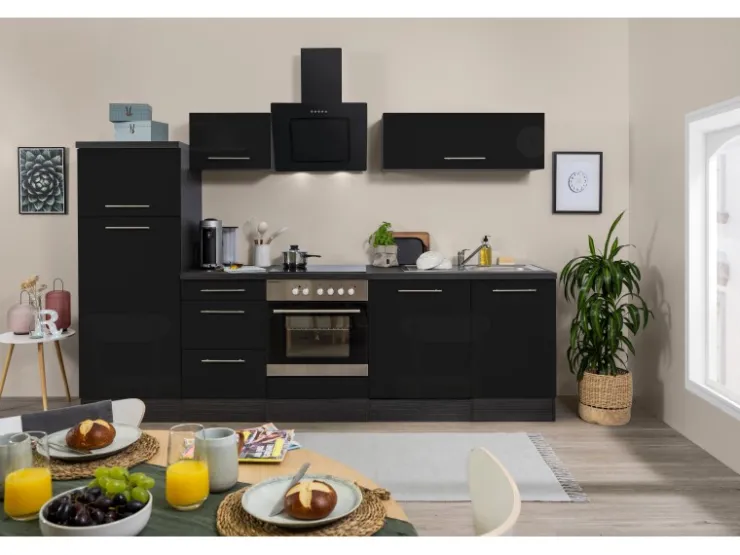 Respekta Premium Kühlschränke|Einbauküchen<Küchenzeile 280 cm -Eiche Grau Schwarz Hochglanz