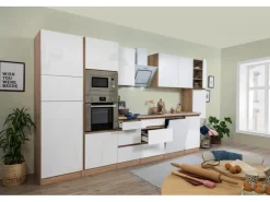 Respekta Premium Küchenzeile Grifflos 395 cm Weiß Hochglanz-Eiche Sägerau Hochglanz Weiß