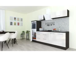 Respekta Premium Kochfelder|Kühlschränke<Küchenzeile 270 cm Hochbau Weiß Hochglanz-Eiche Grau Hochglanz Weiß