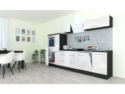 Respekta Premium Kochfelder|Kühlschränke<Küchenzeile 310 cm Hochbau Weiß Hochglanz-Eiche Grau Hochglanz Weiß