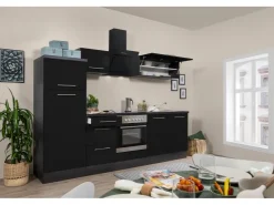 Respekta Premium Kochfelder|Kühlschränke<Küchenzeile 270 cm -Eiche Grau Schwarz Hochglanz