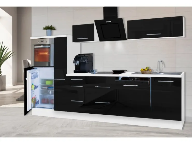 Respekta Premium Kochfelder<Küchenzeile 310 cm Hochbau -Weiß Schwarz Hochglanz