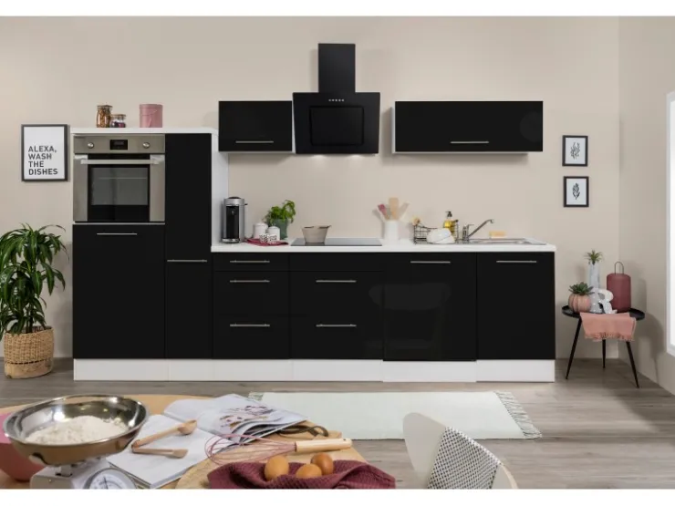 Respekta Premium Kochfelder<Küchenzeile 310 cm Hochbau -Weiß Schwarz Hochglanz