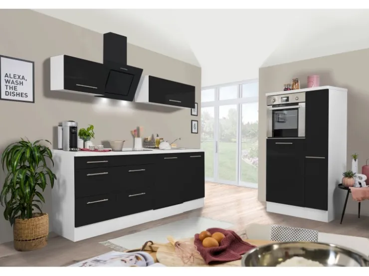 Respekta Premium Kochfelder<Küchenzeile 310 cm Hochbau -Weiß Schwarz Hochglanz