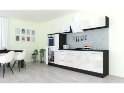 Respekta Premium Kochfelder|Kühlschränke<Küchenzeile 300 cm Hochbau Weiß Hochglanz-Eiche Grau Hochglanz Weiß