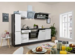 Discount Küchenzeile 250 cm Weiß Hochglanz-Eiche Grau Kochfelder