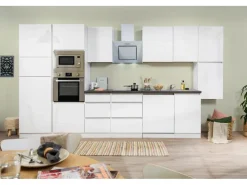 Outlet Küchenzeile GLRP395HWWGKE 395 cm Weiß Hochglanz Kühlschränke|Kochfelder
