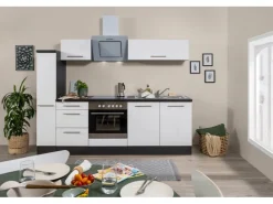 Discount Respekta Premium Küchenzeile 240 cm Weiß Hochglanz-Eiche Grau Hochglanz Weiß