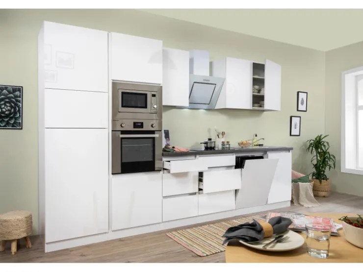 Discount Respekta Premium Küchenzeile GLRP345HWWGKE 345 cm Weiß Hochglanz Hochglanz Weiß