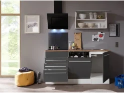 Respekta Premium Winkelküchen|Einbauküchen<Küchenzeile BERP290HWGC 290 cm -Weiß Grau Hochglanz