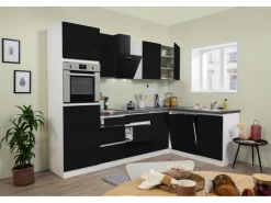 Respekta Premium Winkelküche Grifflos 280 cm -Weiß Schwarz Hochglanz
