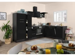Sale Winkelküche RP290ESC 290 x 200 cm Schwarz Hochglanz-Eiche Grau Winkelküchen|Kühlschränke