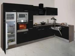 Sale Winkelküche 370 cm Schwarz Seidenglanz-Eiche York Nachbildung Winkelküchen|Einbauküchen