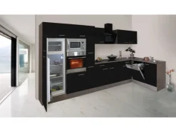Sale Winkelküche 370 cm Schwarz Seidenglanz-Eiche York Nachbildung Winkelküchen|Einbauküchen