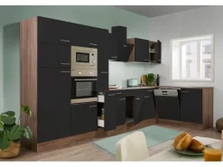 Sale Winkelküche 370 cm Schwarz Seidenglanz-Eiche York Nachbildung Winkelküchen|Einbauküchen