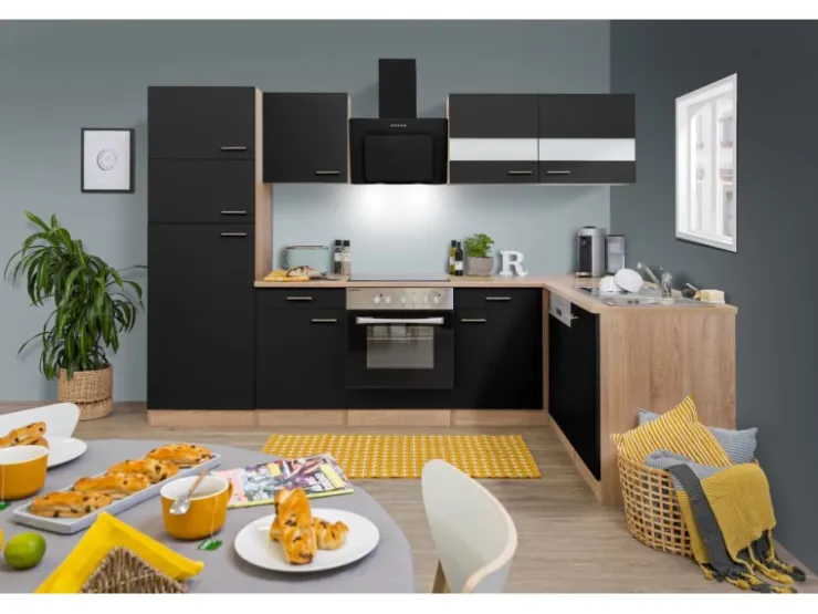 Sale Respekta Winkelküche KBL280ESWSC 280 cm -Eiche Sonoma Sägerau Nachbildung Schwarz