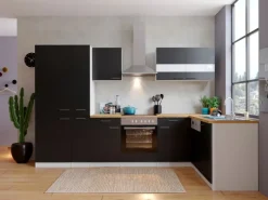 Sale Winkelküche KBL310WSCGKEG 310 x 172 cm Schwarz-Weiß-Butcher Nussbaum Kühlschränke|Winkelküchen