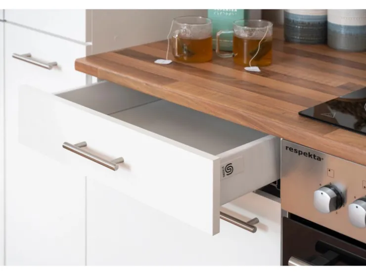 Sale Respekta Winkelküche KBL280WWCG 280 x 172 cm Weiß-Butcher Nussbaum