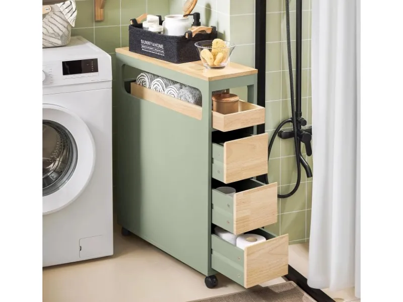 Hot Badezimmerschrank Rollwagen mit 3 Schubladen Nischenschrank 24x82x65cm Grün BZR54-GR Küchenregale