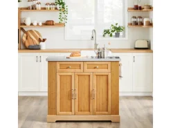 Online SoBuy Kücheninsel Küchenwagen mit Ausziehbarer Arbeitsplatte Bambus 107x92,5x71cm Natur FKW130-N