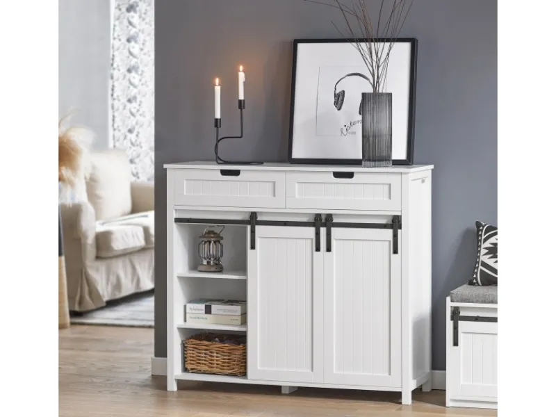 Online Küchenschrank Sideboard mit Schiebetür Buffet Kommode Weiß FSB74-W Küchenschränke