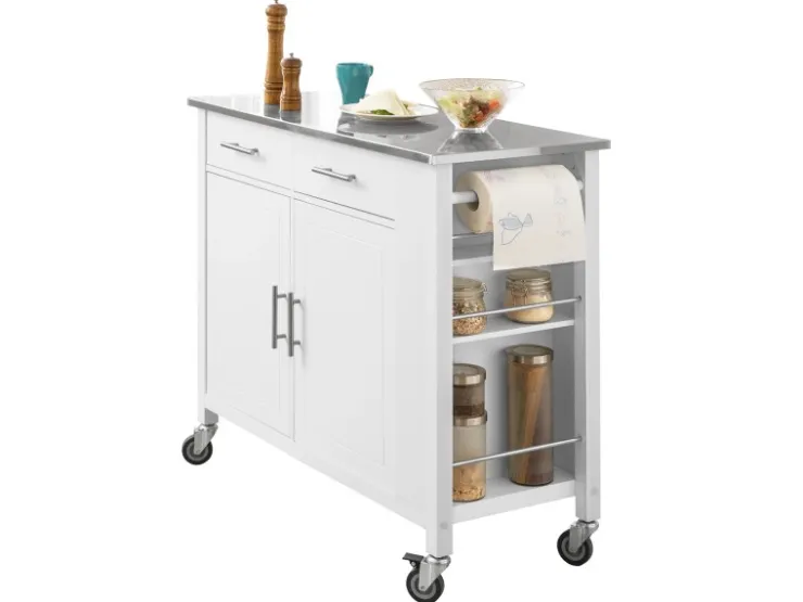 SoBuy Kücheninseln|Servierwagen<Küchenwagen mit Edelstahlplatte Kücheninsel Rollwagen Weiß FKW108-W