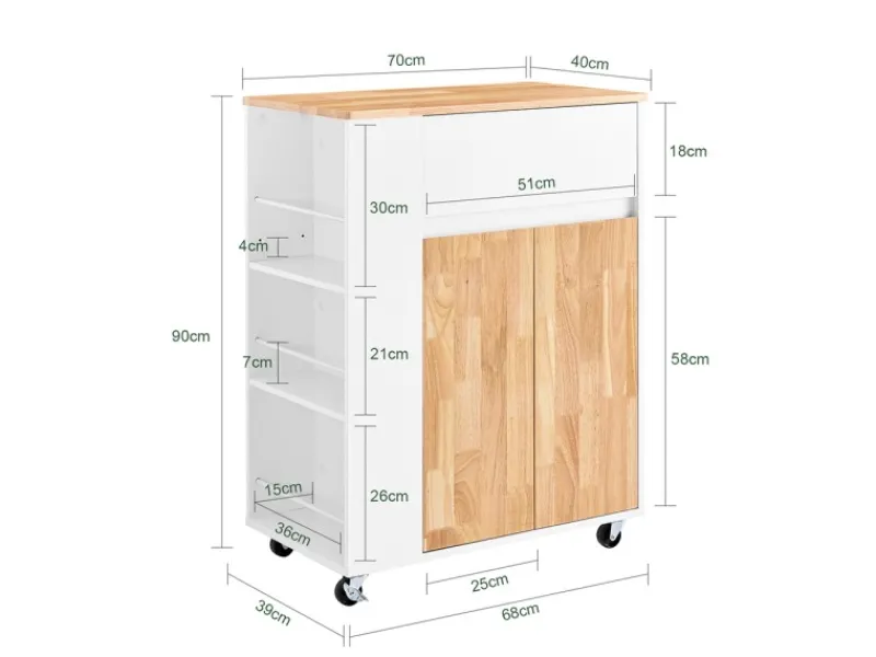 Servierwagen Küchenwagen mit Schublade und Seitenregal Küchenschrank 70x90x40cm FKW132-WN Servierwagen